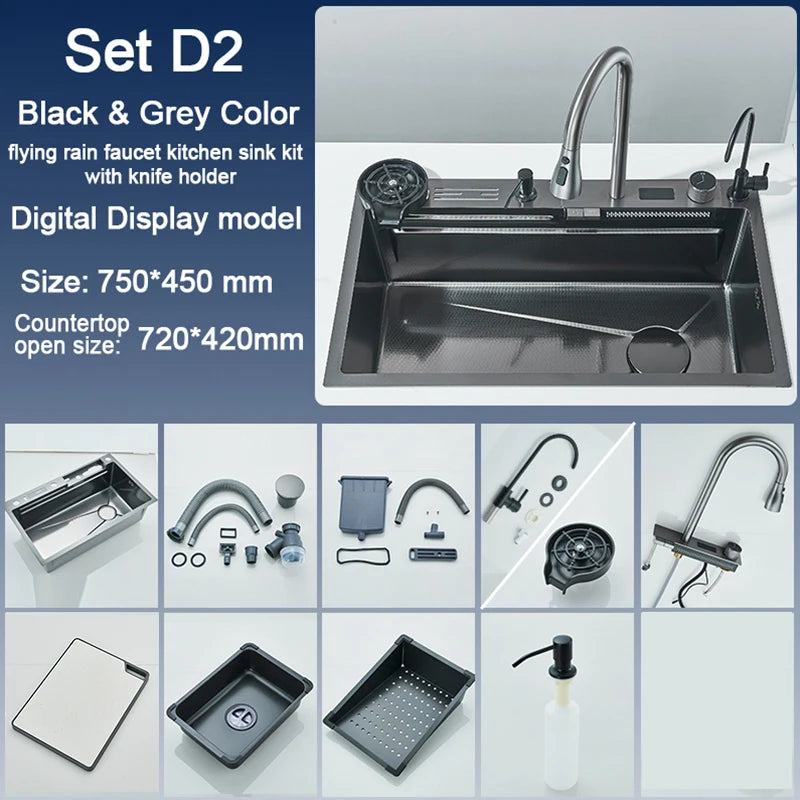 Stainless Steel Kitchen Sink with Digital Display Waterfall Faucet
