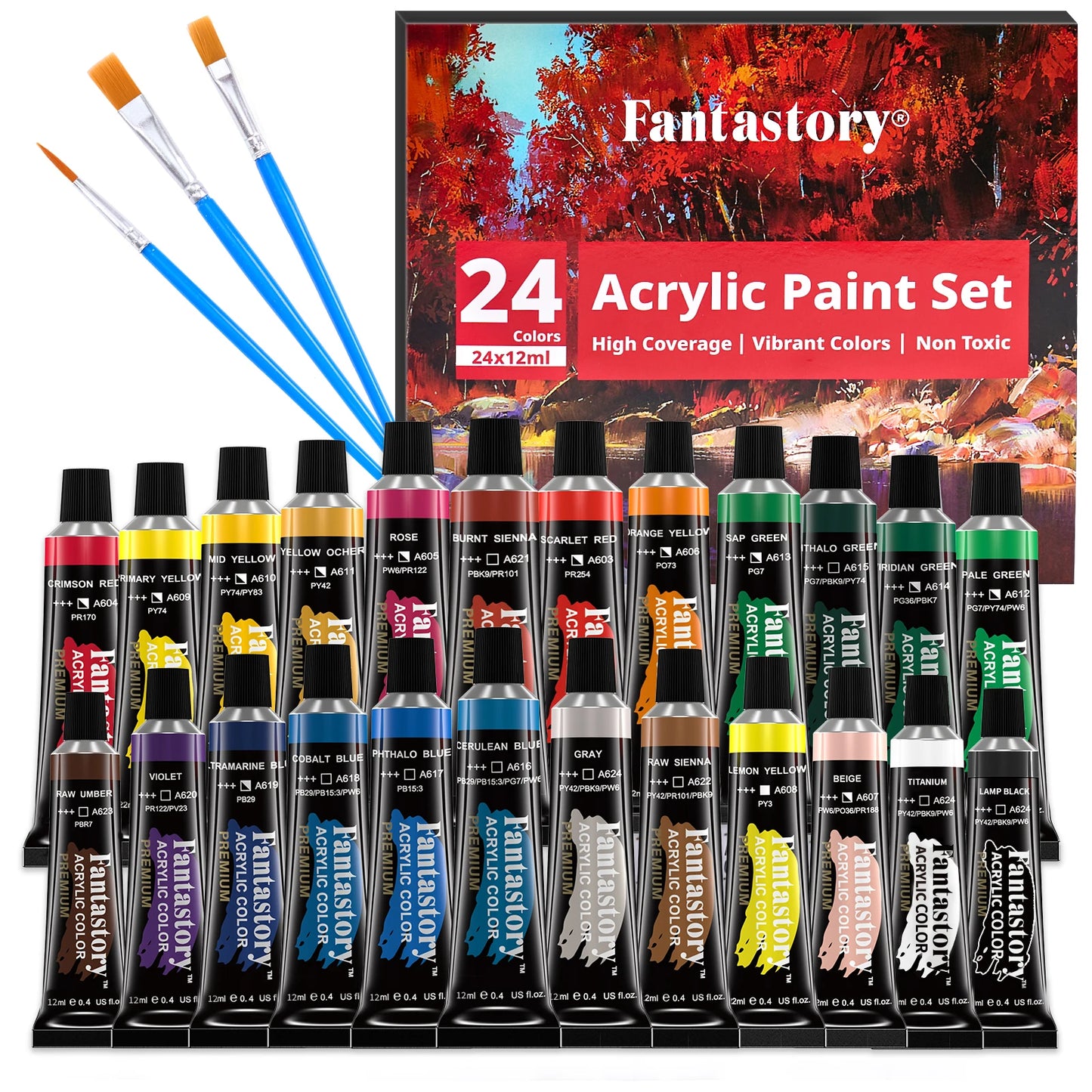 Acrylic Paint Set with 3 Paint Brushes