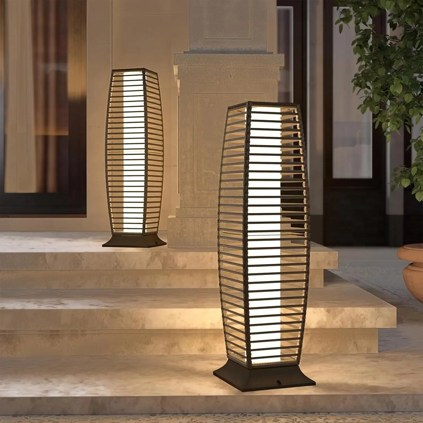 Outdoor Solar-Powered, Woven Wicker Lantern