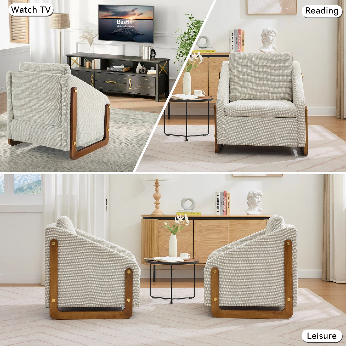 Fabric Modern Upholstered Armchair with Wooden Side Frame
